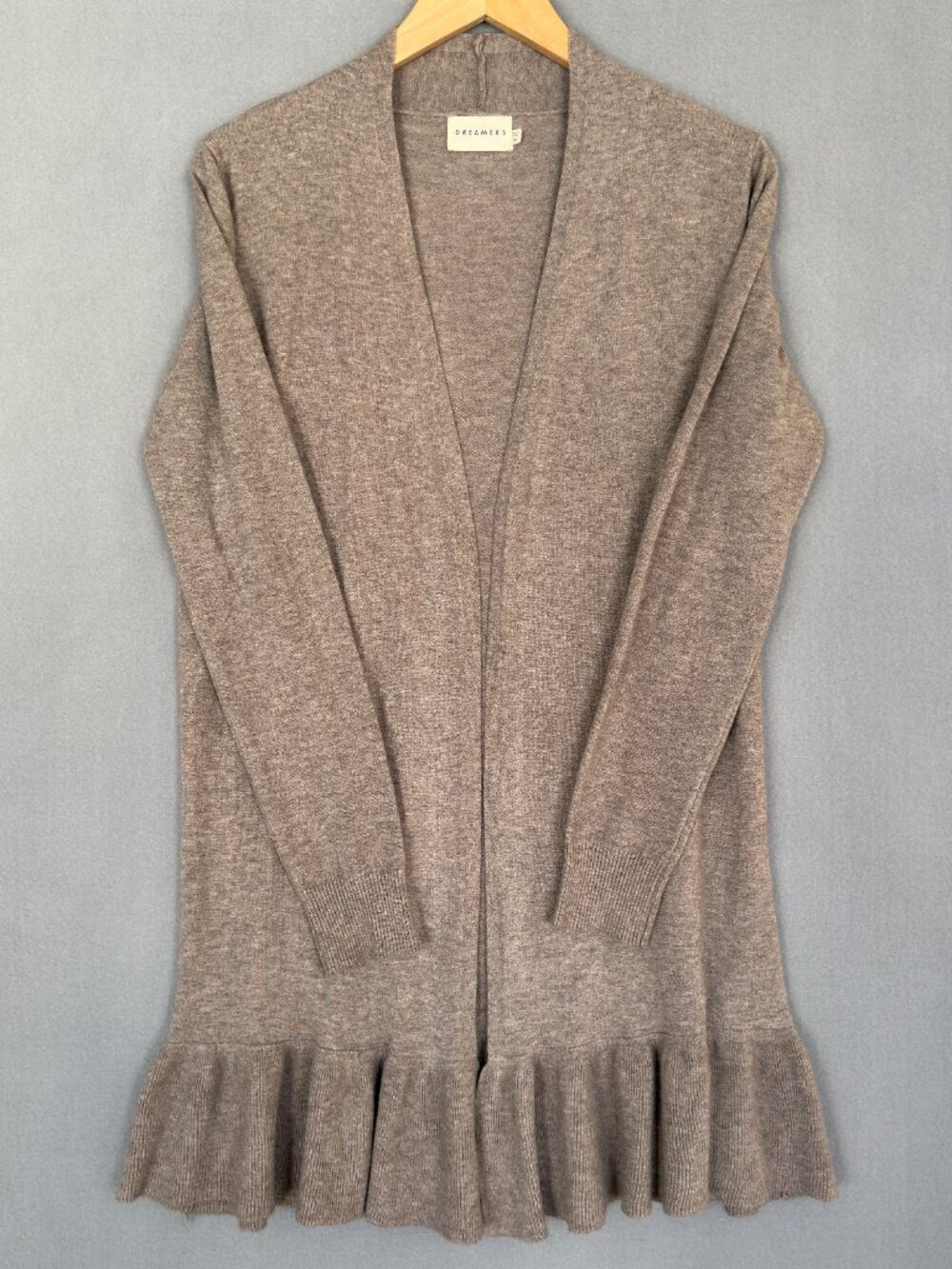 Dreamers by Debut Women's Ruffled Knit Cardigan Medium Taupe Open Front Feminine - Picture 4 of 14